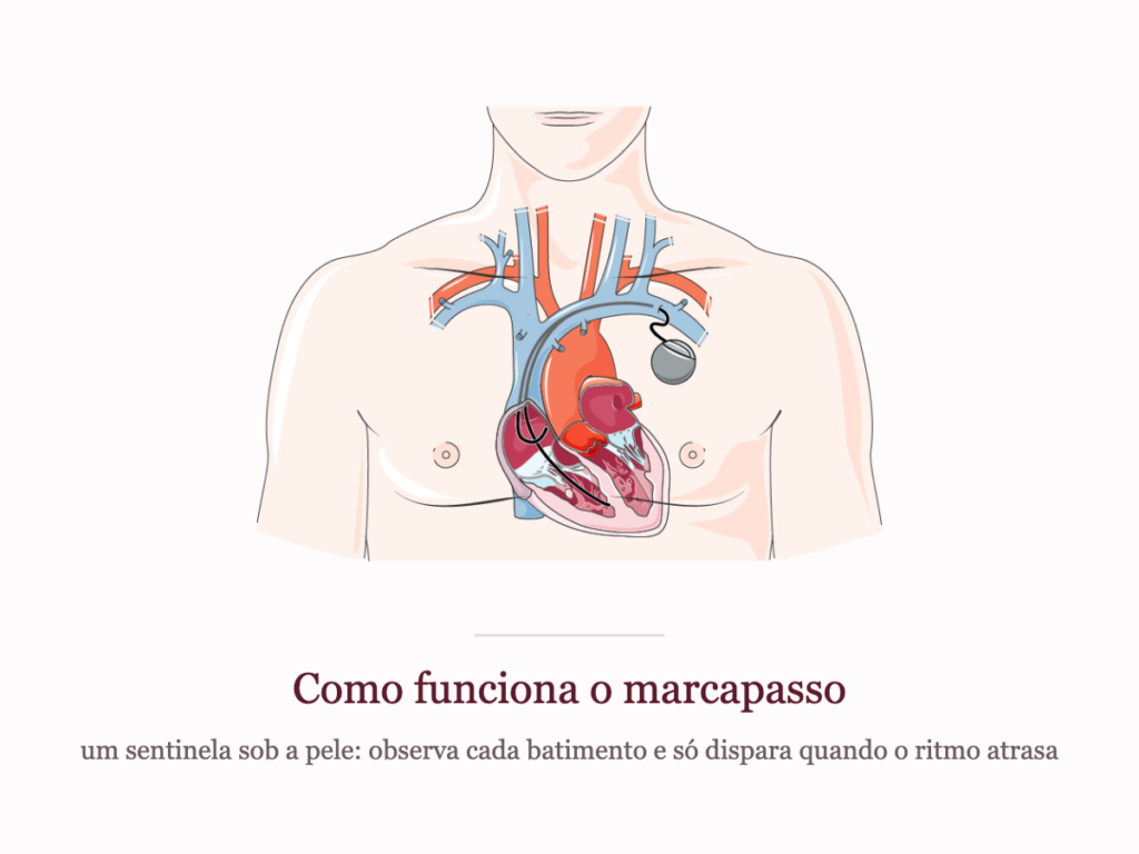 Marcapasso implantado sob a pele, com eletrodo conduzido por uma veia até o coração